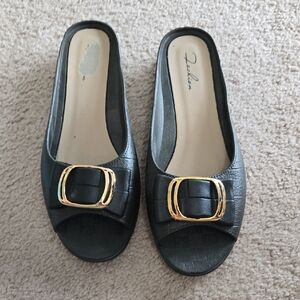 Fashion Nova Black Slide Mules with Gold Buckle